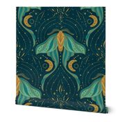 "Into the Ether" - The magical lunar moth flies among the moon and stars (gold, midnight blue and teal)