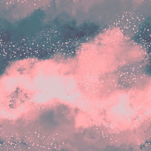 Evening Pink and Grey  Blue Cloudy Night Sky with Stars
