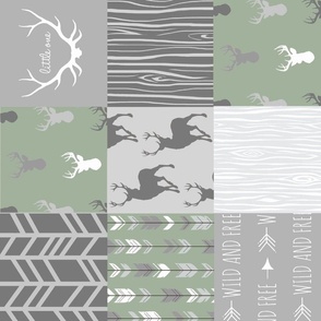 Wholecloth Quilt- Custom green (soft green) and Grey Deer a Patchwork  Squares - rotated