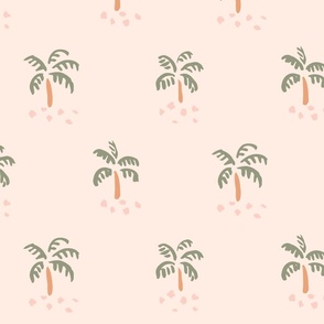 Simple Little Palm Trees - sage green and muted orange over pink background.  // Big Scale