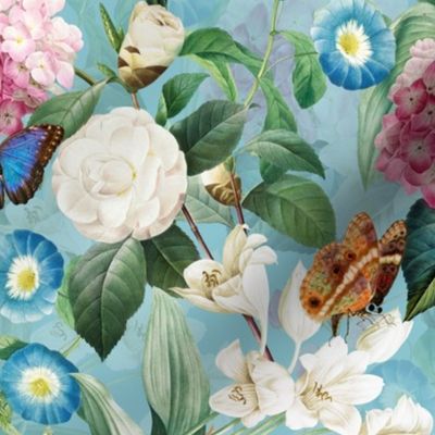 14" Exquisite antique charm: A Vintage Rainforest Botanical Tropical Pattern, Featuring exotic leaves white pink and blue blooms,  butterflies on a turquoise background - double layer