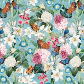 14" Exquisite antique charm: A Vintage Rainforest Botanical Tropical Pattern, Featuring exotic leaves white pink and blue blooms,  butterflies on a turquoise background - double layer