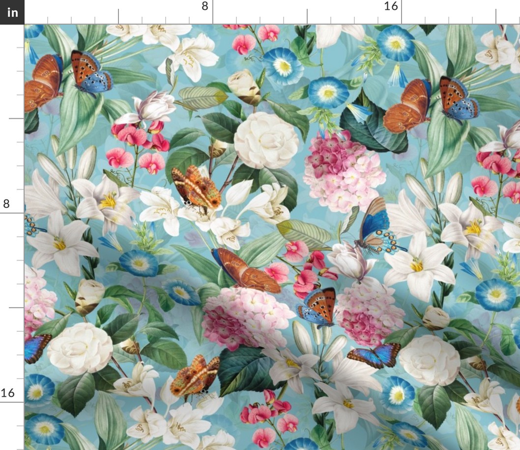 14" Exquisite antique charm: A Vintage Rainforest Botanical Tropical Pattern, Featuring exotic leaves white pink and blue blooms,  butterflies on a turquoise background - double layer