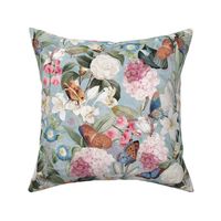 14" Exquisite antique charm: A Vintage Rainforest Botanical Tropical Pattern, Featuring exotic leaves white pink and blue blooms,  butterflies on a light blue background - double layer