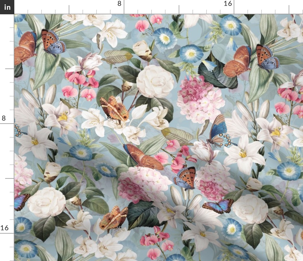 14" Exquisite antique charm: A Vintage Rainforest Botanical Tropical Pattern, Featuring exotic leaves white pink and blue blooms,  butterflies on a light blue background - double layer
