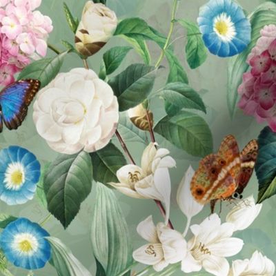 14" Exquisite antique charm: A Vintage Rainforest Botanical Tropical Pattern, Featuring exotic leaves white pink and blue blooms,  butterflies on a green background - double layer