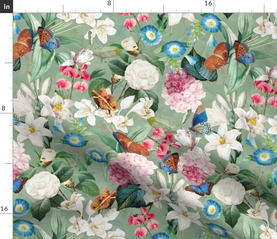 14" Exquisite antique charm: A Vintage Rainforest Botanical Tropical Pattern, Featuring exotic leaves white pink and blue blooms,  butterflies on a green background - double layer