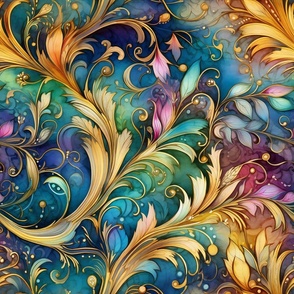 Rainbow Abstract Pattern / Multicolored / Colorful Gold Leaf Floral Flower Swirls