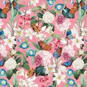 14" Exquisite antique charm: A Vintage Rainforest Botanical Tropical Pattern, Featuring exotic leaves white pink and blue blooms,  butterflies on a pink background - double layer