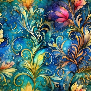 Rainbow Abstract Pattern / Blue / Colorful Bright Bold Floral Flower Swirls
