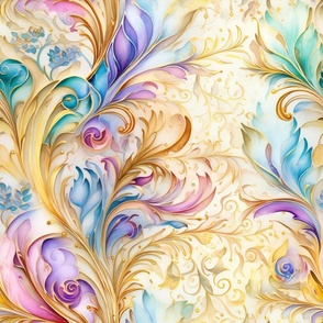 Rainbow Abstract Pattern / White / Colorful  Golden Floral Flower Swirls