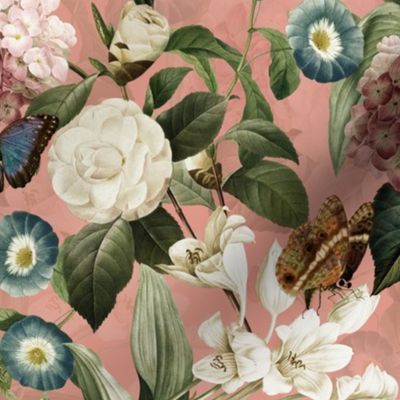 14" Exquisite antique charm: A Vintage Rainforest Botanical Tropical Pattern, Featuring exotic leaves white pink and blue blooms,  butterflies on a sepia pink background - double layer
