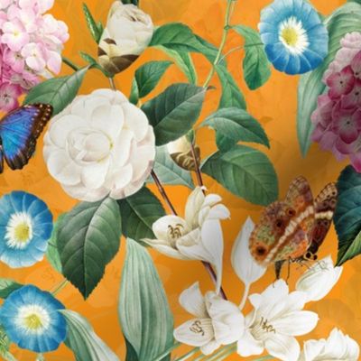 14" Exquisite antique charm: A Vintage Rainforest Botanical Tropical Pattern, Featuring exotic leaves white pink and blue blooms,  butterflies on a sunny orange background - double layer