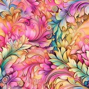 Rainbow Abstract Pattern / Pink / Colorful Leaves Floral Flower Swirls