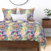 Rainbow Abstract Pattern / White / Colorful  Gold Tinged Floral Flower Swirls