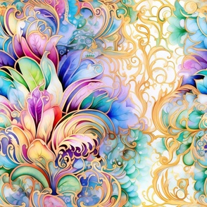 Rainbow Abstract Pattern / White / Colorful  Gold Tinged Floral Flower Swirls