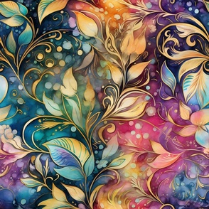 Rainbow Abstract Pattern / Black / Colorful  Watercolor Gold Leaves Floral Flower Swirls