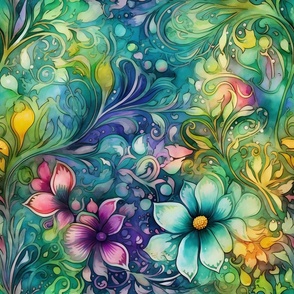 Rainbow Abstract Pattern / White / Colorful Flowing Floral Flower Swirls