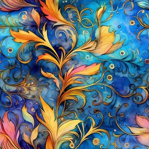 Rainbow Abstract Pattern / Blue / Colorful Vibrant Floral Flower Swirls