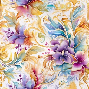 Rainbow Abstract Pattern / White / Colorful  Pink Purple Floral Flower Swirls