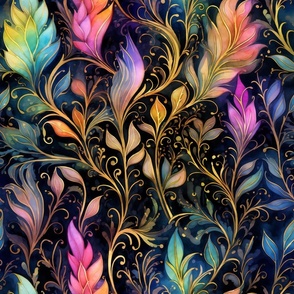 Rainbow Abstract Pattern / Black / Colorful  Watercolor Leaves Floral Flower Swirls