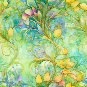 Rainbow Abstract Pattern / Green / Colorful Pastel Floral Flower Swirls