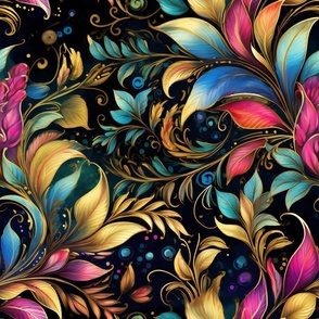 Rainbow Abstract Pattern / Black / Colorful  Watercolor Leaves Floral Flower Pink Swirls