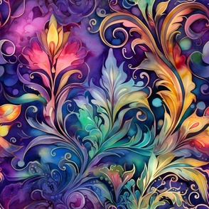 Rainbow Abstract Pattern / Purple / Colorful Vibrant Blooms Floral Flower Swirls