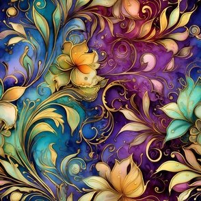 Rainbow Abstract Pattern / Purple / Colorful Vibrant Golden Floral Flower Swirls