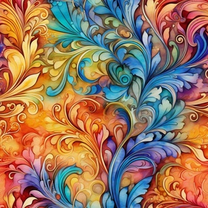 Rainbow Abstract Pattern / Orange / Colorful Vibrant Floral Flower Swirls