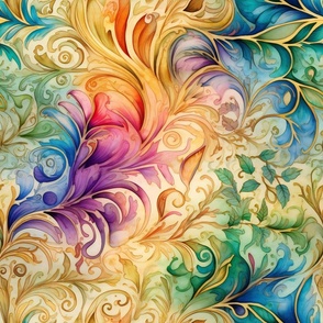 Rainbow Abstract Pattern / Cream Beige / Colorful Bright Wispy Floral Flower Swirls