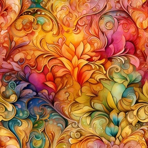 Rainbow Abstract Pattern / Orange / Colorful Vivid Floral Flower Swirls