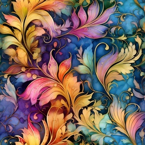 Rainbow Abstract Pattern / Black / Colorful  Watercolor Leaves Floral Flower Purple Swirls