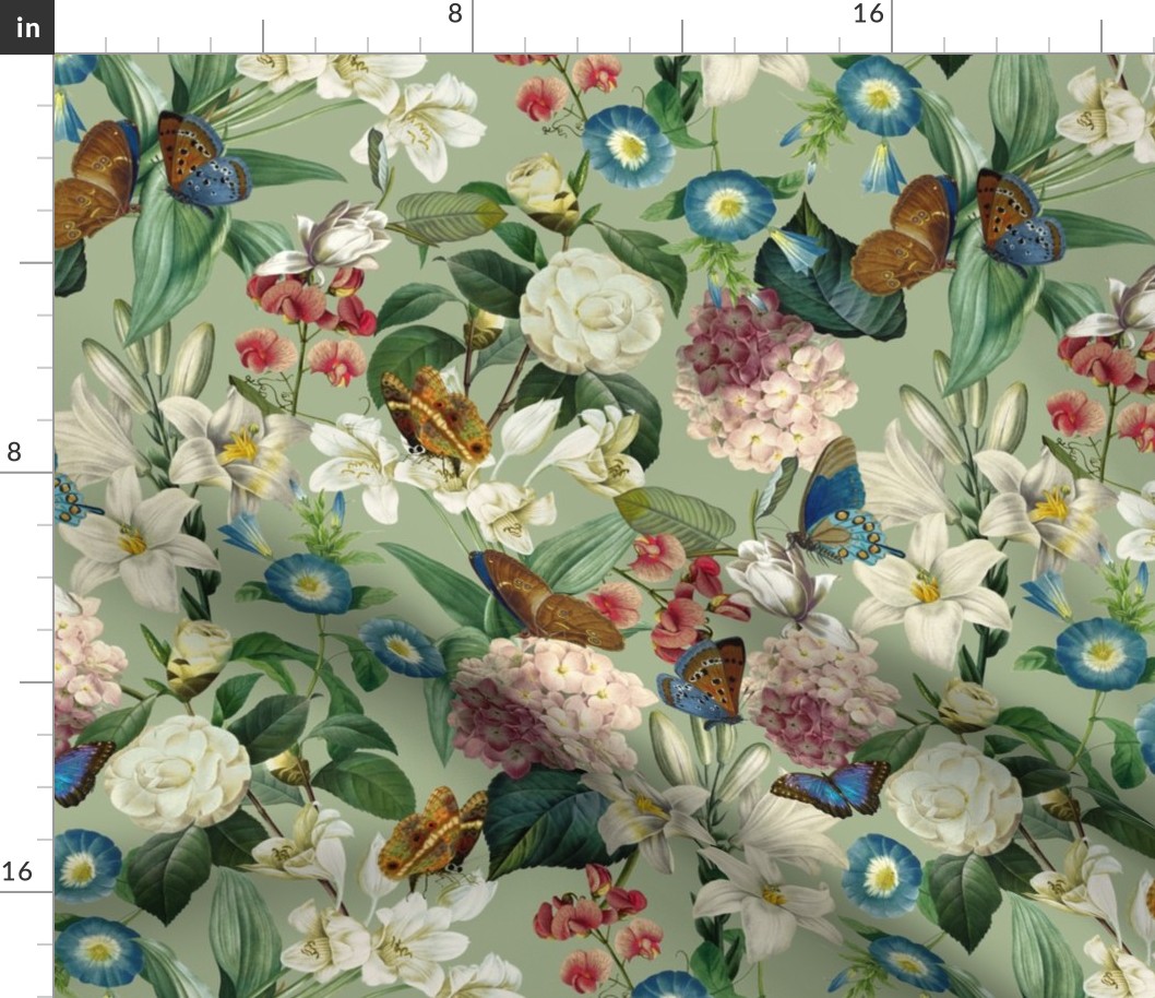 14" Exquisite antique charm: A Vintage Rainforest Botanical Tropical Pattern, Featuring exotic leaves white pink and blue blooms,  butterflies on an green background 
