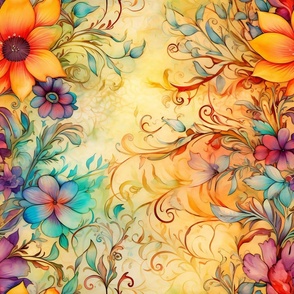Rainbow Abstract Pattern / Orange / Colorful Soft Floral Flower Swirls