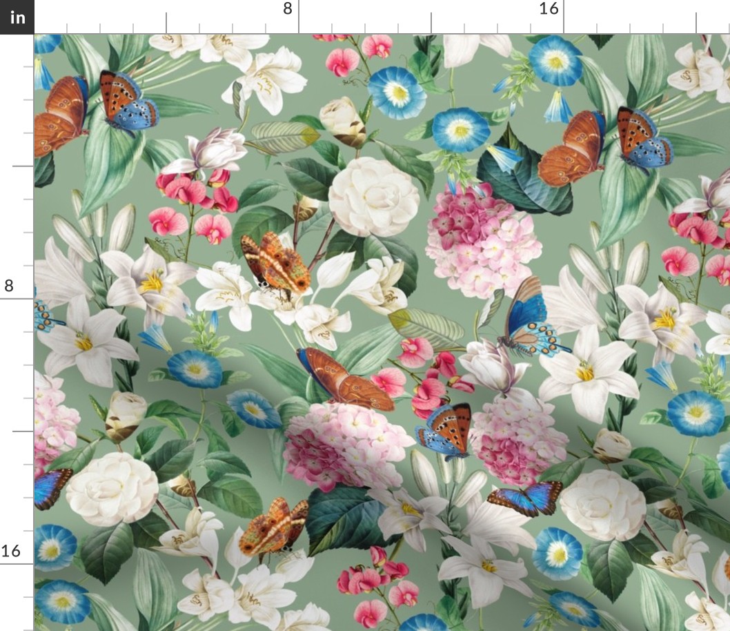 14" Exquisite antique charm: A Vintage Rainforest Botanical Tropical Pattern, Featuring exotic leaves white pink and blue blooms,  butterflies on a green background 