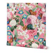 14" Exquisite antique charm: A Vintage Rainforest Botanical Tropical Pattern, Featuring exotic leaves white pink and blue blooms,  butterflies on a pink background 
