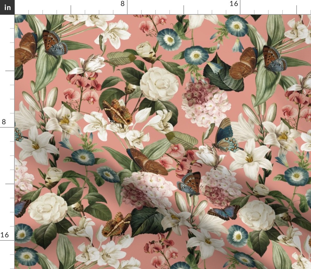 14" Exquisite antique charm: A Vintage Rainforest Botanical Tropical Pattern, Featuring exotic leaves white pink and blue blooms,  butterflies on a peach background 