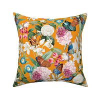 14" Exquisite antique charm: A Vintage Rainforest Botanical Tropical Pattern, Featuring exotic leaves white pink and blue blooms,  butterflies on an sunny orange background 