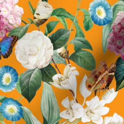 14" Exquisite antique charm: A Vintage Rainforest Botanical Tropical Pattern, Featuring exotic leaves white pink and blue blooms,  butterflies on an sunny orange background 