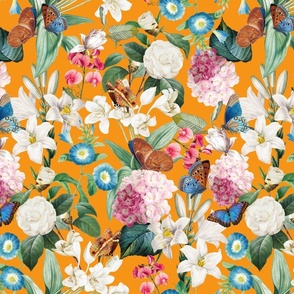 14" Exquisite antique charm: A Vintage Rainforest Botanical Tropical Pattern, Featuring exotic leaves white pink and blue blooms,  butterflies on an sunny orange background 