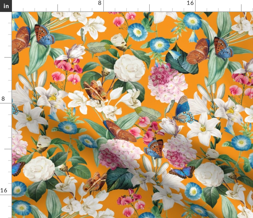 14" Exquisite antique charm: A Vintage Rainforest Botanical Tropical Pattern, Featuring exotic leaves white pink and blue blooms,  butterflies on an sunny orange background 