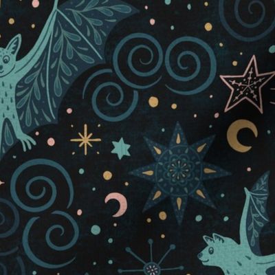 folksy magical night sky with bats and moons - mysiand celestial 