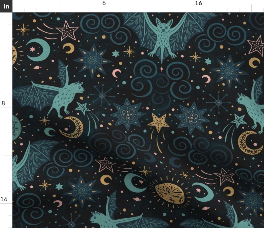 folksy magical night sky with bats and moons - mysiand celestial 