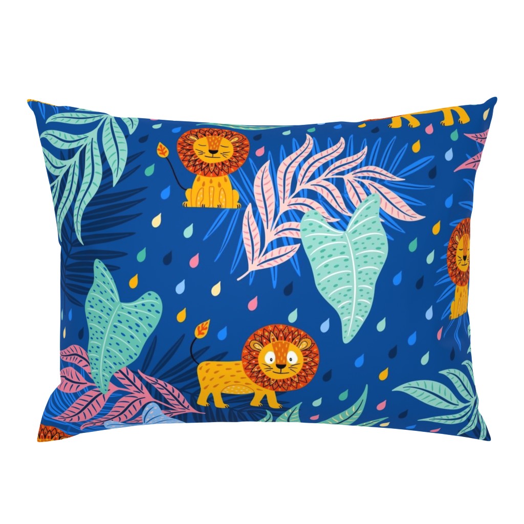 cute lion in the jungle / rainforest with tropical leaves on cobalt blue