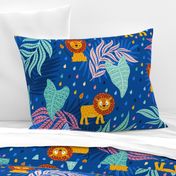 cute lion in the jungle / rainforest with tropical leaves on cobalt blue