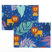cute lion in the jungle / rainforest with tropical leaves on cobalt blue