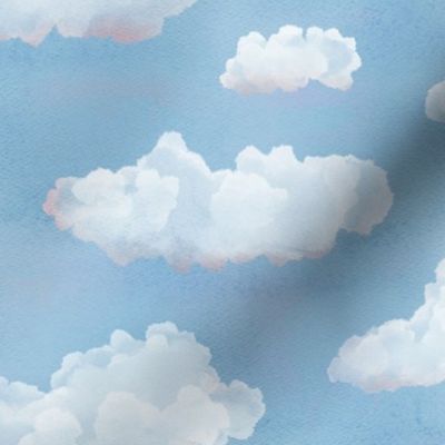 Watercolor  Fluffy White Clouds in a Blue Sky