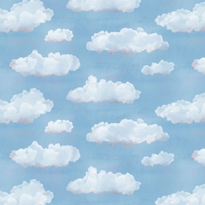 Watercolor  Fluffy White Clouds in a Blue Sky