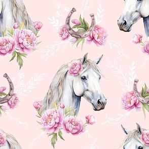 white watercolor horse with peonies blush large scale, horse wallpaper